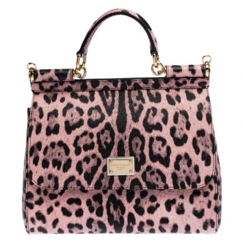 Pre Owned Dolce and Gabbana Pink Leopard Print Leather Medium Miss Sicily Top Handle Bag