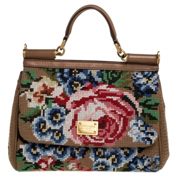 Pre Owned Dolce And Gabanna Brown Fabric Cross Stitch Medium Miss Sicily Top Handle Bag