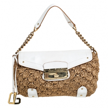 Pre Owned Dolce & Gabbana Brown/White Raffia and Leather Baguette Bag