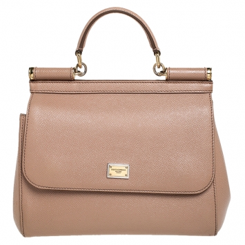 Pre Owned Dolce and Gabbana Beige Dauphine Leather Medium Miss Sicily Top Handle Bag