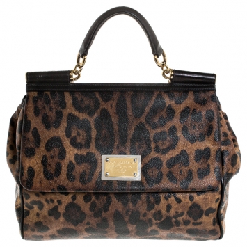 Pre Owned Dolce and Gabbana Leopard Print Coated Canvas and Leather Large Miss Sicily Top Handle Bag