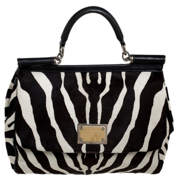 Pre Owned Dolce and Gabbana Brown/Black Zebra Print Calfhair and Leather Large Miss Sicily Top Handle Bag