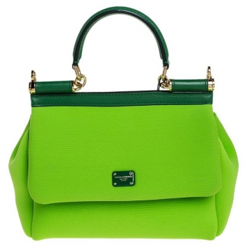 Pre Owned Dolce and Gabbana Neon Green Neoprene Miss Sicily Top Handle Bag