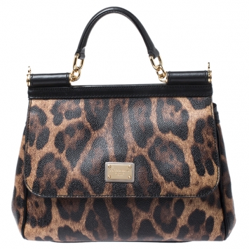 Pre Owned Dolce & Gabbana Leopard Print Leather Medium Miss Sicily Top Handle Bag