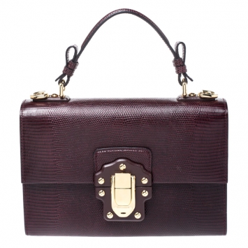 Pre Owned Dolce and Gabbana Burgundy Lizard Embossed Leather Lucia Top Handle Bag
