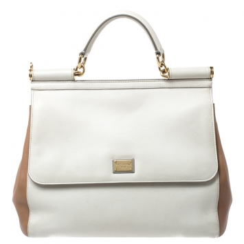 Pre Owned Dolce & Gabbana  Cream/Beige Leather Large Miss Sicily Top Handle Bag