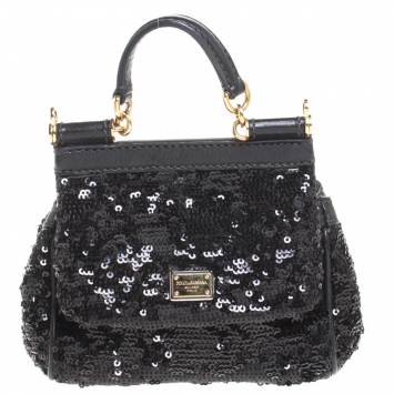 Pre Owned Dolce & Gabbana Black Sequin Mini Miss Sicily Top Handle Bag