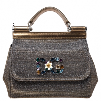 Pre Owned Dolce and Gabbana Dark Gold Logo Crystal Embellished  Lame Fabric and Leather Micro Sicily Top Handle Bag