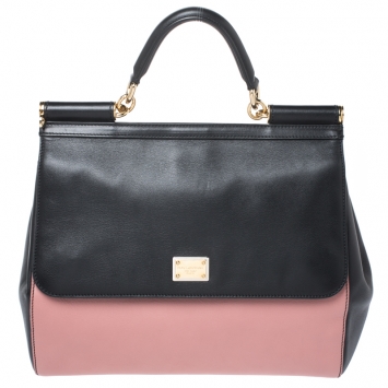 Pre Owned Dolce & Gabbana Black/Pink Leather Miss Sicily Top Handle Bag