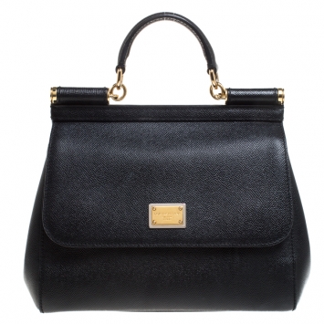 Pre Owned Dolce and Gabbana Black Leather Medium Miss Sicily Top Handle Bag