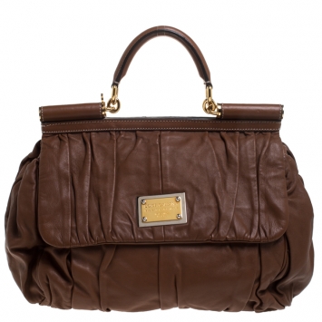 Pre Owned Dolce & Gabbana Brown Pleated Leather Large Miss Sicily Top Handle Bag