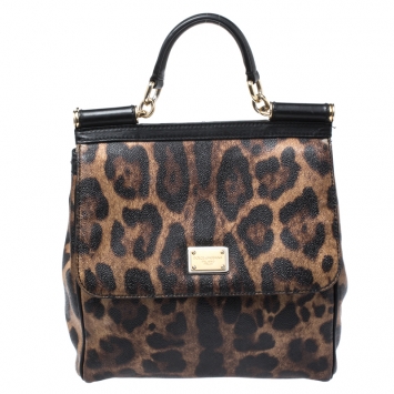 Pre Owned Dolce and Gabbana Brown/Black Leopard Print Coated Canvas and Leather Miss Sicily Top Handle Bag