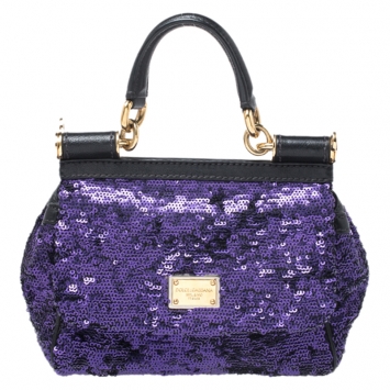 Pre Owned Dolce & Gabbana Purple/Black Sequin and Leather Small Miss Sicily Top Handle Bag