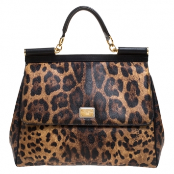 Pre Owned Dolce & Gabbana Brown Leopard Print Coated Canvas Large Miss Sicily Top Handle Bag