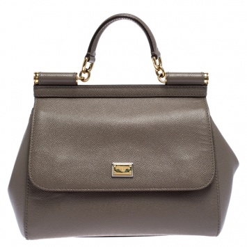 Pre Owned Dolce & Gabbana Grey Leather Medium Miss Sicily Top Handle Bag