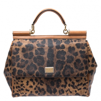 Pre Owned Dolce & Gabbana Leopard Print Coated Canvas and Leather Large Miss Sicily Top Handle Bag