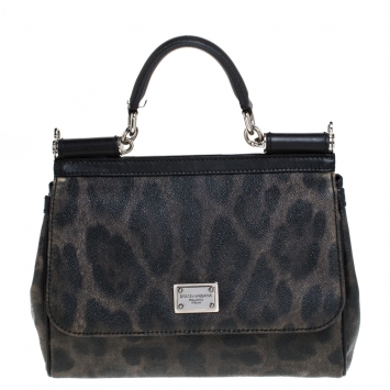 Pre Owned Dolce & Gabbana Leopard Print Leather Medium Miss Sicily Top Handle Bag