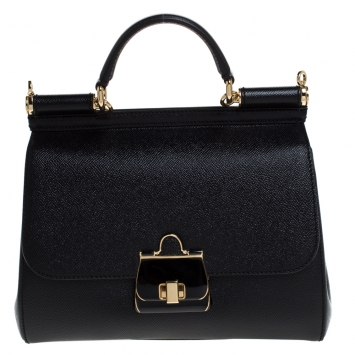 Pre Owned Dolce and Gabbana Black Dauphine Leather Medium Sicily Top Handle Bag