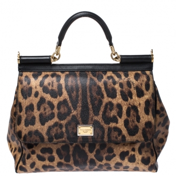 Pre Owned Dolce & Gabbana Leopard Print Coated Canvas and Leather Large Miss Sicily Top Handle Bag