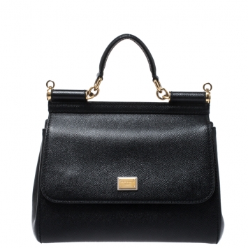 Pre Owned Dolce and Gabbana Black Dauphine Leather Medium Miss Sicily Bag