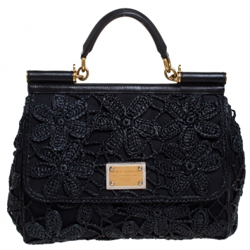 Pre Owned Dolce & Gabbana Black Crochet Straw/Canvas and Leather Large Miss Sicily Top Handle Bag