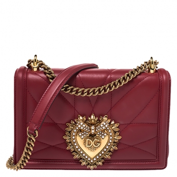 Pre Owned Dolce and Gabbana Red Matelasse Leather Devotion Chain Shoulder Bag