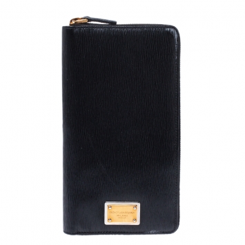 Pre Owned Dolce & Gabbana Black Leather Zip Around Organizer Wallet