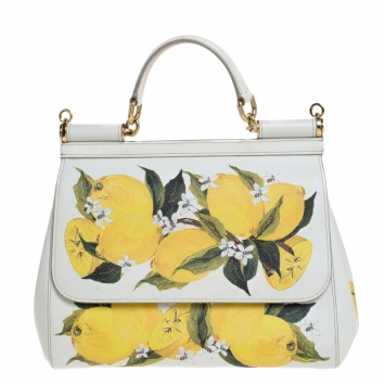 Pre Owned Dolce & Gabbana White/Yellow Floral Print Leather Medium Miss Sicily Top Handle Bag