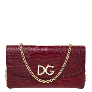 Pre Owned Dolce and Gabbana Red Lizard Embossed Leather Logo Flap Chain Clutch