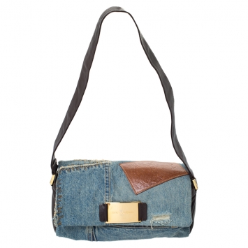 Pre Owned Dolce & Gabbana Blue/Dark Brown Denim and Leather Shoulder Bag