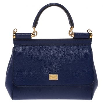 Pre Owned Dolce and Gabbana Blue Leather Mini Sicily Top Handle Bag