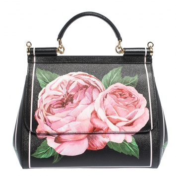 Pre Owned Dolce & Gabbana Black Floral Leather Miss Sicily Top Handle Bag
