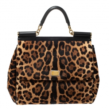 Pre Owned Dolce & Gabbana Brown/Black Leopard Print Calfhair and Leather Large Miss Sicily Top Handle Bag