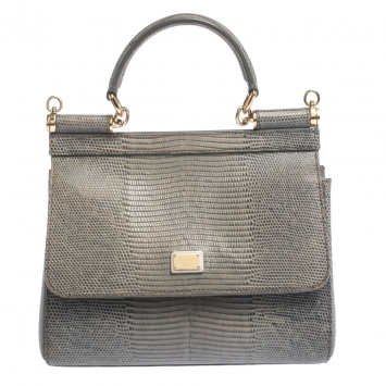 Pre Owned Dolce & Gabbana Grey Lizard Embossed Leather Small Miss Sicily Top Handle Bag