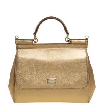 Pre Owned Dolce & Gabbana Metallic Gold Leather Medium Miss Sicily Tote