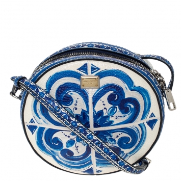 Pre Owned Dolce & Gabbana White/Blue Majolica Print Leather Glam Round Shoulder Bag
