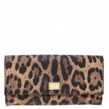Pre Owned Dolce and Gabbana Brown Leopard Print Leather Dauphine Continental Wallet