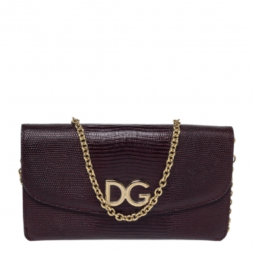 Pre Owned Dolce & Gabbana Dark Red Lizard Embossed Leather Logo Flap Chain Clutch