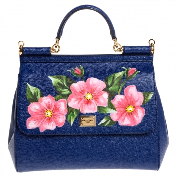 Pre Owned Dolce & Gabbana Blue Printed Leather Regular Miss Sicily Top Handle Bag