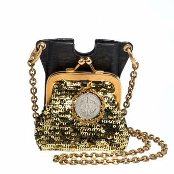 Pre Owned Dolce & Gabbana Gold/Black Sequins and Leather Cell Phone Crossbody Bag