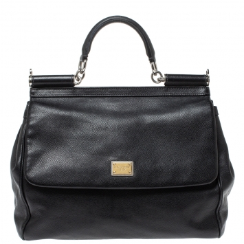 Pre Owned Dolce & Gabbana Black Leather Large Miss Sicily Top Handle Bag