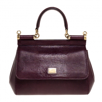 Pre Owned Dolce & Gabbana Burgundy Lizard Embossed Leather Small Miss Sicily Top Handle Bag