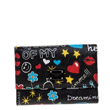 Pre Owned Dolce & Gabbana Multicolor Graffiti Print Leather Trifold Wallet