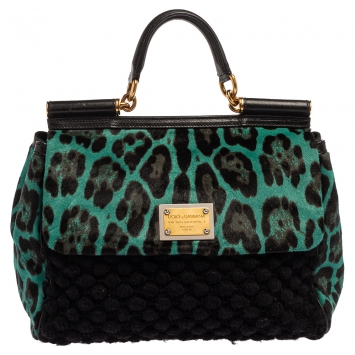 Pre Owned Dolce & Gabbana Black/Teal Leopard Print Calfhair and Crochet Large Miss Sicily Top Handle Bag