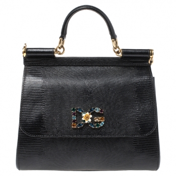 Pre Owned Dolce & Gabbana Black Lizard Embossed Leather Crystal DG Logo Medium Miss Sicily Bag