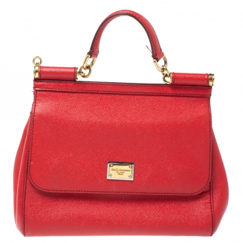 Pre Owned Dolce & Gabbana Red Leather Medium Miss Sicily Top Handle Bag