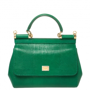 Pre Owned Dolce and Gabbana Green Lizard Embossed Leather Small Miss Sicily Top Handle Bag