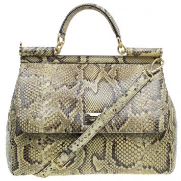 Pre Owned Dolce and Gabbana Yellow Python Medium Miss Sicily Satchel Bag