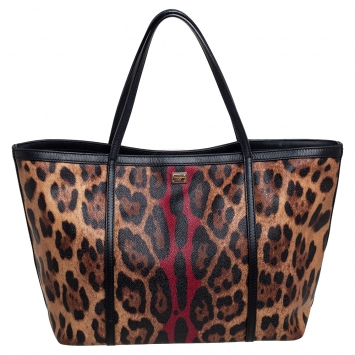 Pre Owned Dolce & Gabbana Brown/Black Leopard Print Coated Canvas and Leather Miss Escape Tote