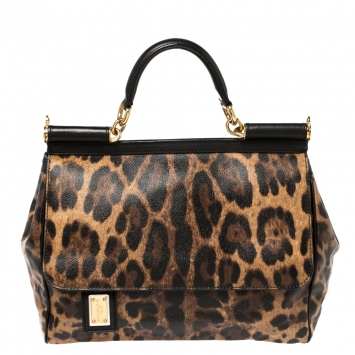 Pre Owned Dolce & Gabbana Black/Brown Leopard Print Coated Canvas and Leather Large Miss Sicily Top Handle Bag